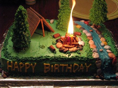 Survival cake Camping Party Foods, Camping Birthday Cake, Camping Cake, Campfire Cake, Camping Cakes, Camping Theme Birthday, Camping Birthday Party, Camping Parties, Festival Camping