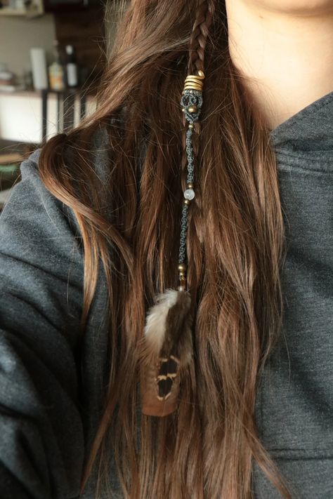 Macrame Feather Dread Wraps / Hair Wraps With Different Gemstone Beads and Brass Beads / Various Colours - Etsy Feathers In Hair Aesthetic, Hair Wraps Thread, Feathers In Hair, String Hair Wraps, Feather Braid, Boho Hair Wrap, Dread Wraps, Hair Charms, Hair Cuffs