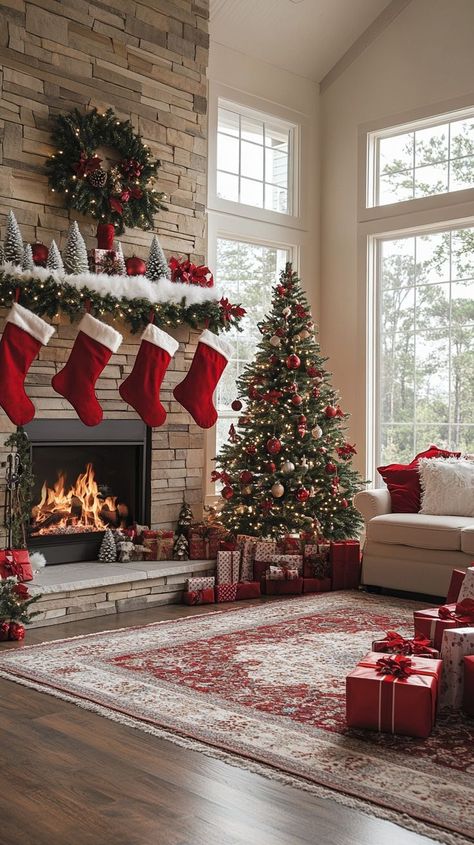 Festive Christmas tree and fireplace in a cozy living room decorated for the holidays, with garlands, wreaths, and presents, creating a warm and inviting atmosphere. Living Room With Christmas Tree, Decorated Living Room, Lush Christmas, Christmas Tree And Fireplace, Holiday Fireplace, Cozy Christmas Living Room, Christmas Living Room, Hosting Christmas, Holiday Vibes