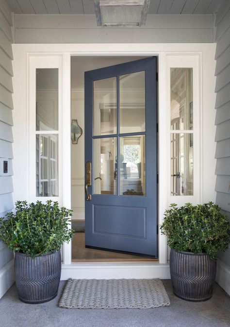 Coastal Home Entrance, Colored Doors On Houses, Coastal Front Door Colors, External Doors Entrance, Colourful Front Doors, Taupe Front Door, Blue Doors Front Entrance, Provia Doors, Creative Front Door