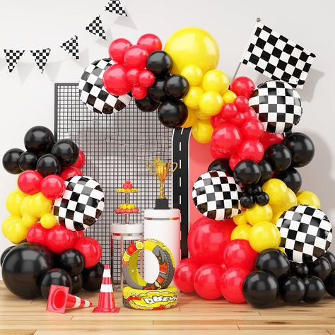 PRICES MAY VARY. ❣️【Elegant Design】 Our race car balloon arch kit are designed to add a touch of elegance to your event! The balloon garland includes 10inch: 28 x red, 28 x yellow, 28 x black, 5inch: 8 x black, 8 x red, 8 x yellow, 18inch: 1 x yellow, 1 x red, 1 x black, 5 x 18inch black and white plaid foil balloons; 1x balloon strip, 1x dispensing, 1x ribbon. ❣️【Quality Guarantee】 Our race car red black yellow balloon arch are made of high-quality materials, ensuring long-lasting bright colors Two Fast Two Furious, Car Balloon, Race Car Party Decorations, Cars Birthday Party Decorations, Garland Birthday, Balloon Arch Kit, Car Themed Parties, Race Car Birthday Party, Cars Theme Birthday Party