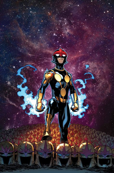 Young Nova (Sam Alexander) - Sam was trained by both Gamora and Rocket Raccoon how to properly use his helmet in order to one day live up to his father's legacy. He was eventually able to beat them both and was deemed worthy to apprehend the Watcher's task. Sam, being only 15 years old, is still a child and acts immaturely in some situations. His helmet grants him Cosmic Awareness, flight & superhuman strength. Nova Core, Richard Rider, Nova Marvel, Marvel 616, Marvel Nova, New Warriors, Marvel Vs Dc, Marvel Comic Character, Ms Marvel