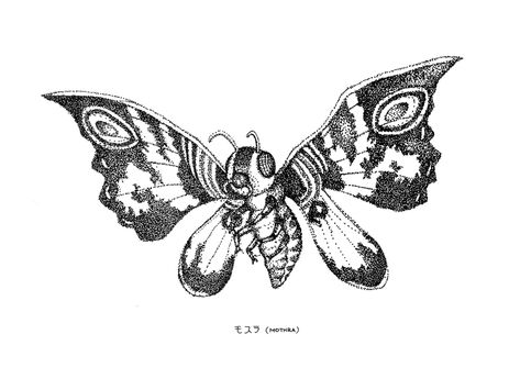 Mothra by Allan Kwok Godzilla Mothra Tattoo, Godzilla And Mothra Tattoo, Mothra Tattoo Design, Kaiju Tattoo, Mothra Tattoo, Mothra Movie, Godzilla Tattoo, Clever Tattoos, Sketch Tattoo Design