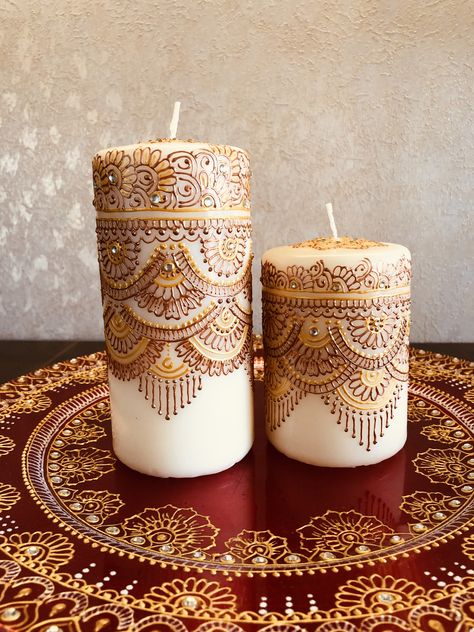 Mehndi On Candles, Henna Setup, Mehendi Candles, Henna Candles Diy, Mehndi Candle, Henna Favors, Matka Painting, Mendhi Candles, Bridal Mendhi