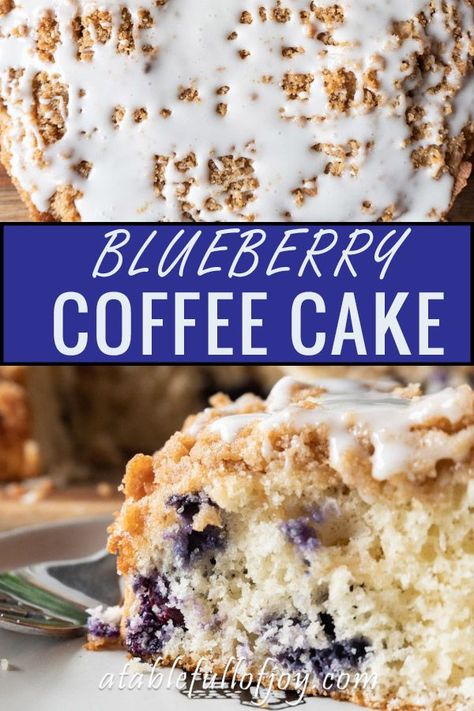 Blueberry Coffee Cake, An easy and delicious blueberry coffee cake that is perfect year-round! Topped with lots of crumb topping and a yummy glaze- you can’t go wrong with this blueberry coffee cake! #coffeecake #bisquick #homemade #blueberry #recipes #cinnamon #easy #atablefullofjoy Blueberry Buckle Coffee Cake, Blueberry Coffee Cake Recipe, Blueberry Buckle, Cream Cheese Coffee Cake, Blueberry Breakfast Cake, Blueberry Coffee Cake, Blueberry Coffee, Coffee Cake Recipe, Baking Desserts