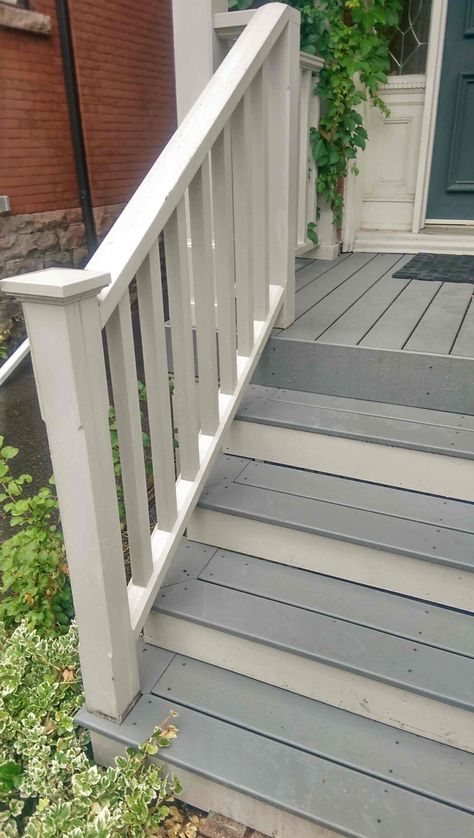 Deck Redo, Light Blue Houses, Grey Deck, Stairs Colours, Porch Stairs, White Porch, Deck Colors, Deck Paint, Patio Inspiration