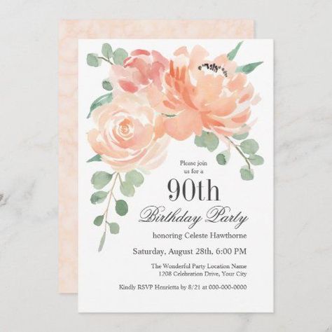 $ 2.92 | Feminine Watercolor Floral 90th Birthday Party #90th birthday party for her, woman's ninetieth birthday, peach pink green, roses, eucalyptus, beautiful floral birthday bouquet, stylish chic, elegant, watercolor, botanical 75th Birthday Invitations, Floral Birthday Party Invitations, 90th Birthday Party, Feminine Watercolor, 75th Birthday Parties, 90th Birthday Parties, Floral Birthday Party, 90's Birthday Party, Birthday Bouquet