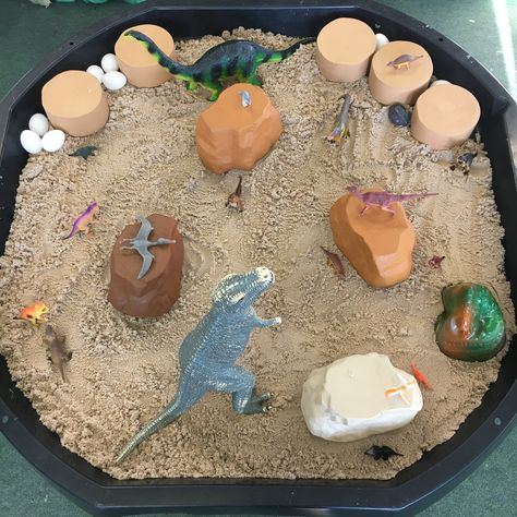 Easy Dinosaur Tuff Tray Sand Tuff Tray Ideas, Simple Tuff Tray Ideas, Dinosaur Tuff Tray, Foam Rocks, Sand Activities, Tuff Tray Ideas, Dramatic Play Activities, Early Childhood Education Resources, Sand Tray