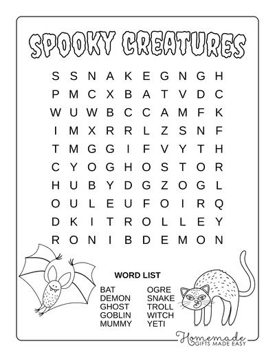 Halloween Word Search Spooky Creatures Easy Giant Halloween Word Search, October Word Search For Kids, Halloween Word Search Free Printable, Halloween Word Search For Kids, Halloween Word Search Printables, Halloween Crossword, Word Search Puzzles For Kids, Spooky Creatures, Halloween Crossword Puzzles For Kids