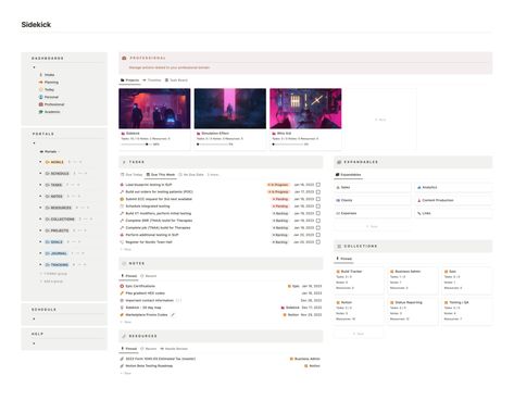 Sidekick Notion dashboard for Professional Notion Template For Work, Project Management Dashboard, Notion Ideas, Notion Dashboard, Planner Setup, Key Projects, Project Management Templates, Kanban Board, Digital Organization