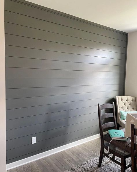 Grizzle Gray Accent Wall, Dark Grey Accent Wall Bathroom, Grey Vertical Shiplap Wall, Carbonized By Sherwin Williams, Sherwin Williams Homberg Grey, Gray Basement Walls, Sw Grey Paint Colors, Grizzly Gray Sherwin Williams Exterior, Gray Accent Wall Bathroom