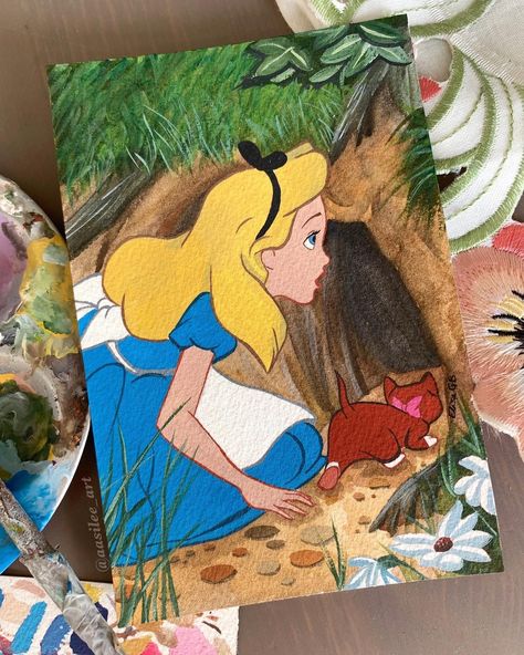 *sold* Alice following the white rabbit 🐇 ⏰. I used #gouache and #watercolor for this one 😄 🎨. Last framed painting for a little while! #a… | Instagram Alice In Wonderland Paintings, Disney Canvas Paintings, Gouache And Watercolor, Alice In Wonderland Drawings, Disney Canvas Art, Disney Paintings, The White Rabbit, Abstract Art Painting Diy, Pinturas Disney