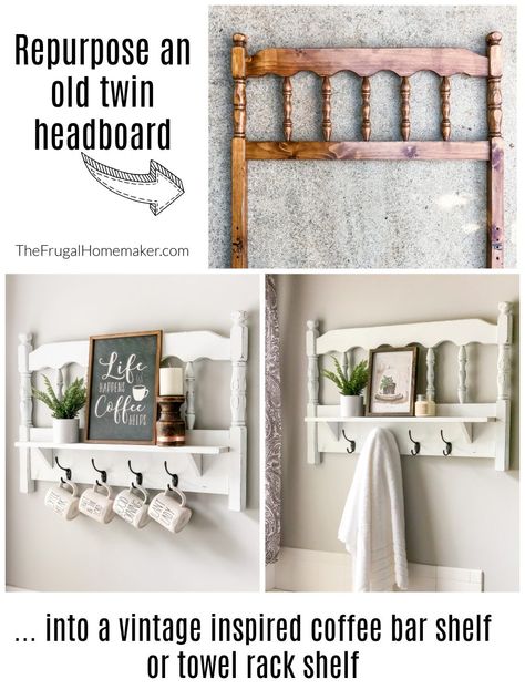 Repurpose Headboard, Vintage Headboard, Repurposed Headboard, Headboard With Shelves, Yard Sale Finds, Headboard Ideas, Upcycled Furniture Diy, Bar Shelf, Twin Headboard