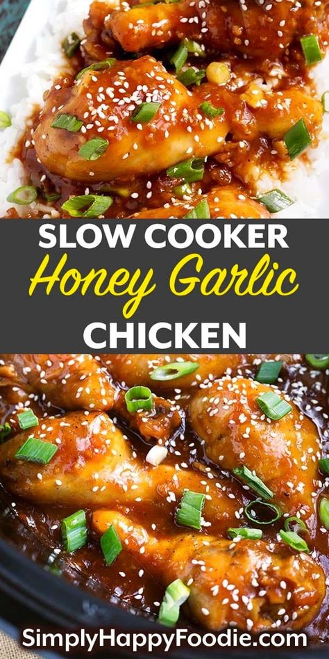 Slow Cooker Honey Garlic Chicken is a sweet and savory Asian inspired chicken recipe. This delicious slow cooker chicken recipe has lots of honey and garlic, as well as other yummy ingredients. This crock pot honey garlic chicken recipe is done in just a few hours! simplyhappyfoodie.com Honey Garlic Chicken Crock Pot, Honey Chicken Crockpot, Crock Pot Honey Garlic Chicken, Asian Inspired Chicken, Garlic Chicken Crockpot, Slow Cooker Chicken Stroganoff, Garlic Chicken Slow Cooker, Sweet Garlic Chicken, Slow Cooker Chicken Recipe