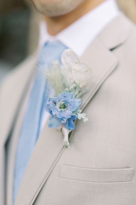 Powder Blue Wedding Suit Groom, Powder Blue Boutonniere, Blue Wedding Theme Suits, Blue And Tan Suit Wedding, Tan Tux With Dusty Blue, Pastel Blue Groom Suit, Beige Blue Wedding Theme, Light Blue Champagne Wedding, Tan Suit Light Blue Tie