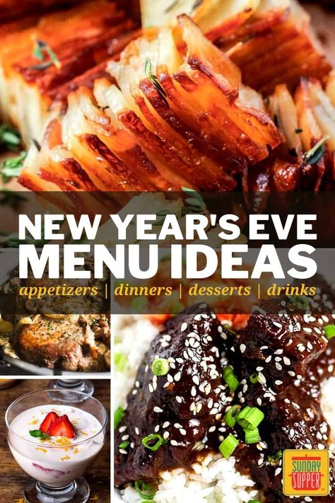 Ring in the new year with my collection of the best New Year's Eve Menu Ideas! From appetizers and dinner to drinks and dessert, these recipes are everything you need to throw an unforgettable party for New Year's Eve. via @thesundaysupper New Year Home Decor Ideas, Nye Party Food, Party Main Dish, New Years Day Dinner, Nye Food, New Years Dinner Party, New Years Eve Menu, New Years Eve Party Ideas Food, Nye Dinner