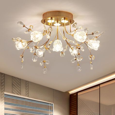 Modernist Crystal Semi Flush Mount Lighting: Blossom Great Room Ceiling Fixture In Gold 7 Heads Gold Fixtures, Pendant Ceiling Lamp, Iron Lamp, Led Ceiling Lamp, Bedroom Ceiling Light, Semi Flush Mount Lighting, Modern Light Fixtures, Chandelier In Living Room, Great Room