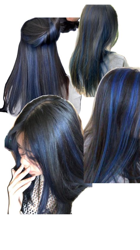 Black With Blue Peekaboos, Hair Colour With Black Hair, Navy Hair Highlights, Jet Black Hair With Highlights Blue, Black Hair With Navy Blue Highlights, Blue And Black Raccoon Tails Hair, Black And Blue Striped Hair, Black Hair With Royal Blue Highlights, Blue Undercut Hair