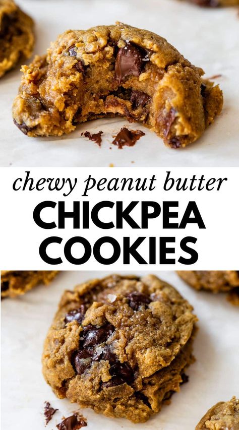 These chewy Peanut Butter Chickpea Cookies are protein-packed and loaded with plenty of peanut butter and minimal sugar. The best part is that they're gluten free, vegan and only 6 ingredients! Healthy Chewy Peanut Butter Cookies, Chewy Healthy Cookies, Protein Snacks Peanut Butter, Peanut Butter Free Protein Balls, Chic Pea Cookies, Snacks With Beans, Gluten Free Healthy Baking, Healthy Cookies Vegan, Things To Eat With Peanut Butter