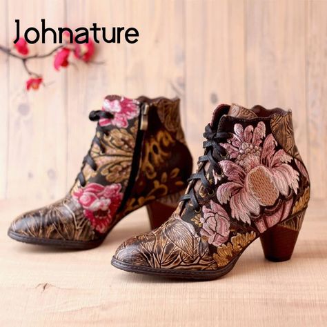 Smarter Shopping, Better Living! Aliexpress.com Ankle Boots Platform, High Heels Ankle Boots, Leather Embroidery, Boots Platform, Attic Rooms, Round Toe Shoes, Hand Painted Leather, Spike Heels, Painting Leather