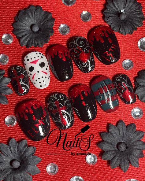 Not a horror movie fan but these sure were fun to make! The best part; she LOVES them!!! What does your nails look like? #nailsbyamanda922 #madamglam #freshset #horrornails #jasonvsfreddy Slasher Movie Nails, Jason Vs Freddy, Horror Movie Nails, Movie Nails, Nail Portfolio, Horror Nails, Cartoon Nails, Holloween Nails, Madam Glam