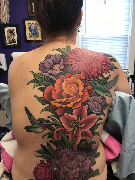 Full Back Tattoo Women Cover Up, Full Back Tattoo Women Color, Flower Back Tattoo Color, Full Back Floral Tattoo Women, Colorful Flower Back Tattoo, Full Back Flower Tattoo Women, Full Back Tattoo Flowers, Full Back Flower Tattoo, Full Back Piece Tattoos For Women Floral