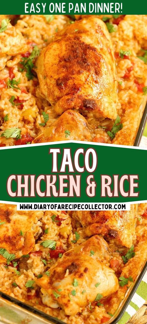 Taco Chicken and Rice is an easy one pan dinner idea with only a few ingredients. It's easy to put together and smells wonderful as it bakes! Taco Chicken And Rice Casserole, One Pan Taco Rice, Mexican Chicken And Rice Bake, Mexican Chicken With Rice, Taco Chicken Rice, Taco Chicken And Rice, Easy Mexican Chicken And Rice, Chicken Taco Rice, Fiesta Chicken And Rice