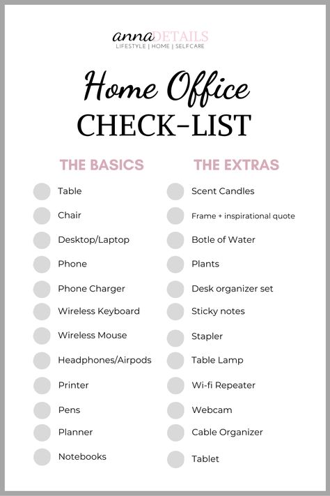 If you are currently working from home, and in the middle of a project for a new workspace, this checklist will help you with this!  This list includes all the essential supplies you will need as well as some additional ones. #workfromhome #homeoffice #homeofficechecklist #checklist New Office Checklist, Office Necessities List, Office Essentials Checklist, Home Office Essentials List, Home Office Checklist, Work From Home Set Up, Office Checklist, Email Organization, Desk Cleaning