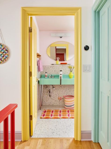 Ombre Door Paint, Door And Door Frame Color, Paint Door And Trim Same Color, Eclectic Open Floor Plan, White Walls Pink Trim, Colored Trim White Walls, Wizard Librarian, White Walls Darker Trim, Kids/guest Bathroom