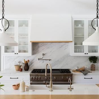 Wood and Cane Wingback Chairs with Round Brown Oak Pedestal Table - Transitional - Kitchen Painted Brick Backsplash, White Brick Backsplash, Brick Tile Backsplash, Marble Herringbone Tile, Gray Shaker Cabinets, Herringbone Tile Backsplash, White Wood Paneling, Light Wooden Floor, Herringbone Wall