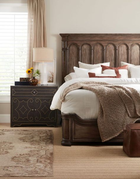 The Woodlands Panel Bed has an arched, architectural motif and is crafted of textural and approachable rustic oak and cathedral primavera veneers with poplar solids. Hooker Furniture. High End Bedroom, Wood Panel Bedroom, Hooker Furniture Bedroom, Luxury Beds, Panel Bedroom, Small Bedroom Furniture, Mill House, Cool Room Decor, Wooden Bedroom