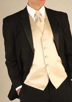 black and ivory wedding tux | Black Tuxedo with Champagne vest and tie Champagne Vest, White Jeans For Men, White Tuxedo Wedding, Groom Vest, Gold Tuxedo, Black Tuxedo Suit, White Tux, Groom Tux, Wedding Tux