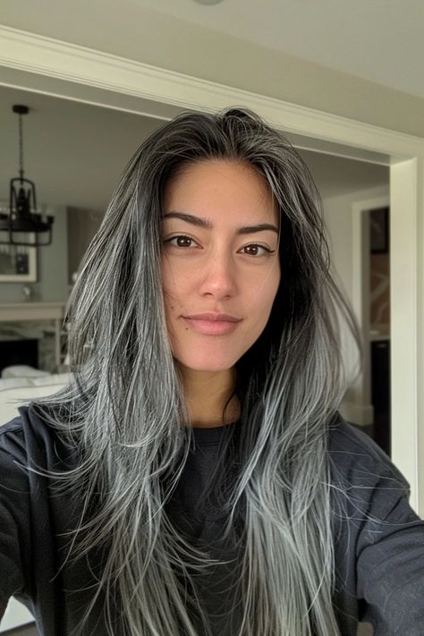 25 Examples of Transitioning to Gray Hair That'll Make You Want To Ditch the Dye - Flo's Blog Grey Highlights On Dark Hair Asian, Black Hair Turning Grey, Gray Hair Black Roots, Premature Grey Hair Styles, Transitional Grey Hair, Black Hair To Grey Transition, Ditch The Dye, Transition Grey Hair With Highlights, Blending Gray With Black Hair