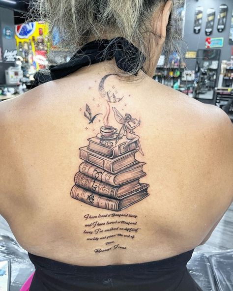 Books And Wine Tattoo, Book And Tea Tattoo, Bookworm Tattoo Ideas, Fantasy Book Tattoo Ideas, Book Stack Tattoo, Stack Of Books Tattoo, Stack Tattoo, Reader Tattoo Ideas, Book Lover Tattoo Ideas