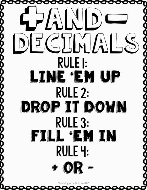 Adding and Subtracting Decimals Chant {with a free poster} - Teaching in the Fast Lane Adding And Subtracting Decimals, Subtracting Decimals, Math Decimals, Math Anchor Charts, Fifth Grade Math, Upper Elementary Math, Fourth Grade Math, Math Intervention, Math Strategies