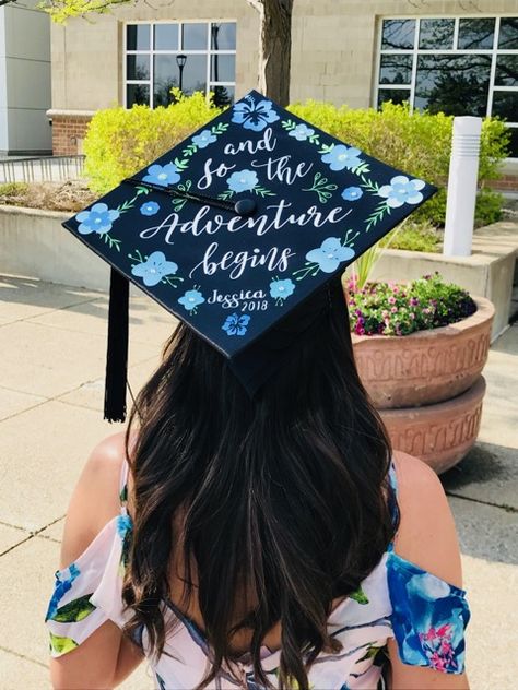 And so the adventure begins. Graduation cap. Flower graduation cap. Blue flower graduation cap. Painting Graduation Cap, Flat Graduation Cap Decoration, Blue Graduation Cap, Navy Blue Graduation Cap, Blue Grad Cap Ideas, Blue Graduation Cap Designs, Graduation Cap Designs Blue, Graduation Cap Designs Mountains, Blue Flowers Graduation Cap