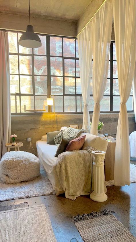 Studio Bedroom Decor Ideas, Curtain Studio Apartment, London Studio Apartment Aesthetic, Seattle Studio Apartment, Studio Apartment Privacy Ideas, Studio Apartment Curtain Divider, San Francisco Studio Apartment, Studio Apartment Vibes, Dream Studio Apartment