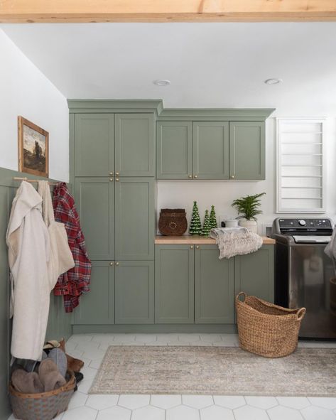 Olive Green Laundry Room Cabinets, Evergreen Fog, Kitchen Plan, Green Laundry, Mdf Cabinets, Laundry Bathroom, Farmhouse Laundry, Sherwin Williams Colors, Green Cabinets