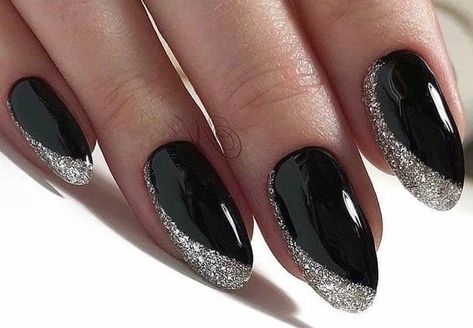 Black And White Bridal Nails, Nails Black Almond, Black Almond Nails Designs, Silver Tip Nails, Black Sparkle Nails, Black Prom Nails, Black Silver Nails, Sparkly Acrylic Nails, Silver Acrylic Nails