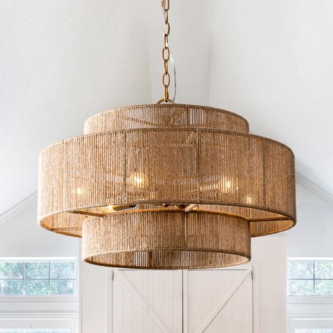 Bohemian Brown Hemp Rope Tiered Drum Chandelier Light - 23.62 "W x 15.16"H - Bed Bath & Beyond - 40180364 Rattan Chandelier, Tier Chandelier, Farmhouse Chandelier, Drum Chandelier, Hemp Rope, Jute Rope, Lighting Store, Led Chandelier, Pendant Chandelier