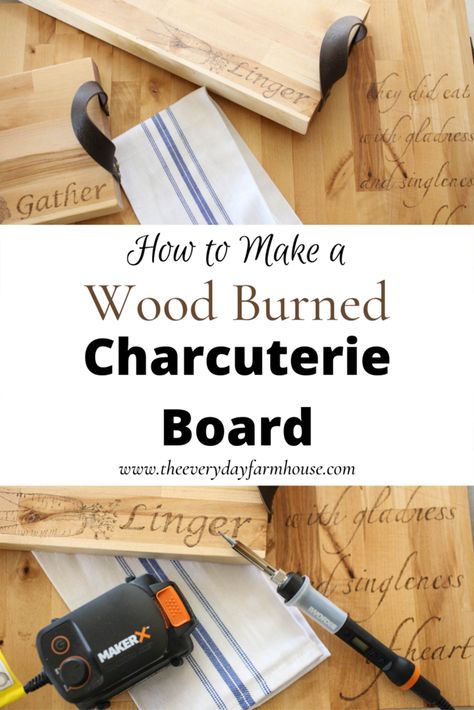 Wooden Boards For Food Diy Wood, Diy Wooden Charcuterie Board Ideas, Build Charcuterie Board Wood, Personalized Charcuterie Board Diy, Woodburned Charcuterie Board, Wood Burned Charcuterie Board Diy, Make Charcuterie Board Wood, How To Make A Wooden Charcuterie Board, Charcuterie Board Cricut