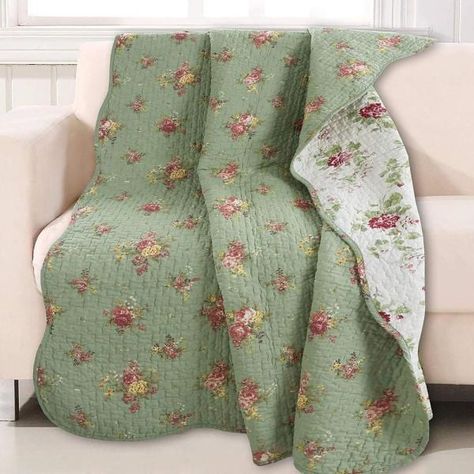 Cozy Line Home Fashions Vintage Floral Rose Green Chintz Sage Pink Yellow Scalloped Cotton Throw Blanket (Set of 1)-BB20180203TH - The Home Depot Quilted Throw, Quilted Throw Blanket, Cotton Throw Blanket, Bed Throw Blanket, Cotton Throw, Reversible Quilt, Cotton Throws, Blanket Set, Floral Vintage