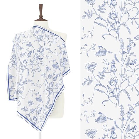 Blue Floral Scarf, Wildflowers and Bird Silk Scarf, Botanical Scarf, 100% Silk Habotai, Square Scarf, Silk Scarf women Hijab Pattern, Print Scarf Design, Textile Painting, Luxury Silk Scarves, Color Wallpaper Iphone, Scarf Silk, Pattern Brands, Scarf Women, Floral Scarf