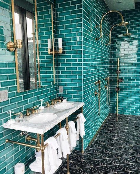 Peek Inside The Industrially-Designed Williamsburg Hotel | luxe bathroom tile ideas #bathroomrenovationideas Design Interior Baie, Williamsburg Hotel, Patterned Bathroom Tiles, Tiled Bathroom, Turquoise Tile, Luxe Bathroom, Art Deco Bathroom, Deco Bathroom, Bad Inspiration