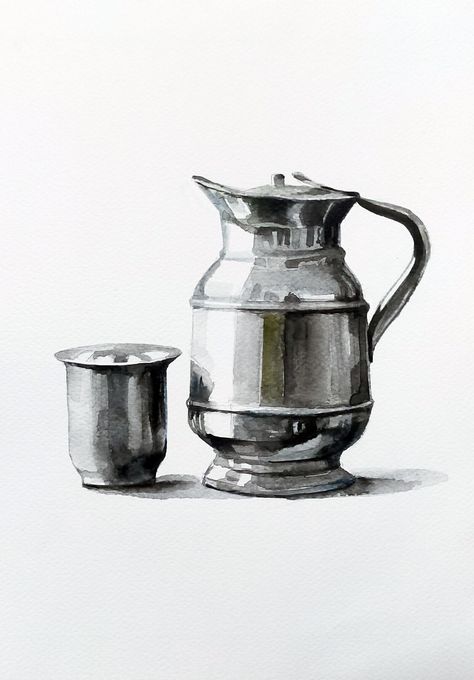 Watercolour Object Painting, Still Life In Watercolor, Still Life Watercolor Paintings, Still Life Painting Watercolor, Jug Drawing, Watercolour Still Life Painting, Still Life Pencil Shading, Watercolour Still Life, Watercolor Still Life