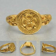 16th century gold signet ring with a rose to centre and lions to shoulder. The Latin phrase sub rosa means "under the rose" and is used in English to denote secrecy or confidentiality, similar to the Chatham House Rule. The rose as a symbol of secrecy has an ancient history. | 16th Century Jewelry, Ancient Jewels, Tudor Dynasty, Ancient Jewellery, Song Of Ice And Fire, Ice And Fire, Historical Jewellery, Henry Viii, Medieval Jewelry