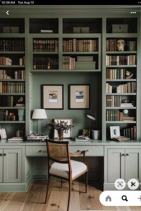 Small Office And Library Combo, Small Office With Bookshelves, Green Built In Shelves, Light Green Built Ins, Green Office Bookshelves, Sage Green Library Room, Home Library With Desk, Green Office Room, Sage Green Bookshelf