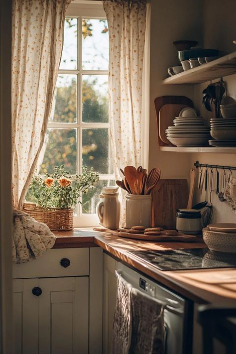 Cottage core kitchen ideas: 37 ways to bring country charm Country Romance Kitchen, Cottage Rustic Kitchen, Old Money Cottage Core House, Modern Cottage Core Aesthetic, Cottage Core Farmhouse Aesthetic, Small Kitchen Cottage Style, Cozy Cottage Vibes, Traditional Cottage Kitchen, Cozy Cottage Kitchen Aesthetic