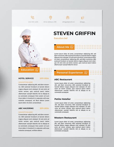 Chef Resume Template AI, EPS Chef Resume, Bio Data, Personal Chef, Executive Chef, Professional Chef, Resume Template, A4 Size, Resume Templates, Design Template