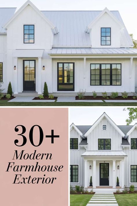 30+ Modern Farmhouse Exterior Ideas to Transform Your Home  Explore stunning modern farmhouse exteriors that can change your home's look. From charming wood accents to inviting porches and stylish siding these ideas blend rustic and contemporary design. Enhance your curb appeal with beautiful landscaping and cozy outdoor spaces. Your dream home awaits with these creative inspirations! https://fabricerie.com/modern-farmhouse-exterior Modern Farmhouse One Story Exterior, Modern Farmhouse California, Board And Batten Mixed With Horizontal Siding, Modern Farmhouse Stucco Exterior, Farmhouse Exterior Doors Entrance, Vinyl Siding Farmhouse, Siding Ideas Exterior Farmhouse, Exterior Home Finishes, White Farmhouse With Black Shutters